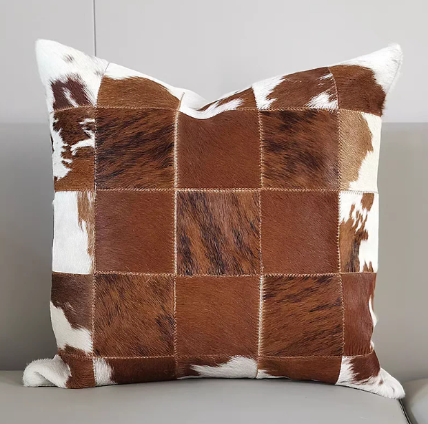 Clearance Sale Genuine Hair-on Cowhide Patchwork Throw Pillow, 3D Geometric Square Leather Cushion, European Style Decor Sofa Pillow