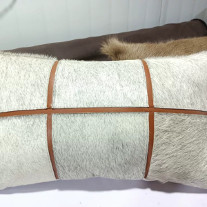 Light Grey Patchwork Hair-on Cowhide Lumbar Pillow, Luxury European Mid-Century Genuine Leather Rectangular Sofa Cushion, Custom Available