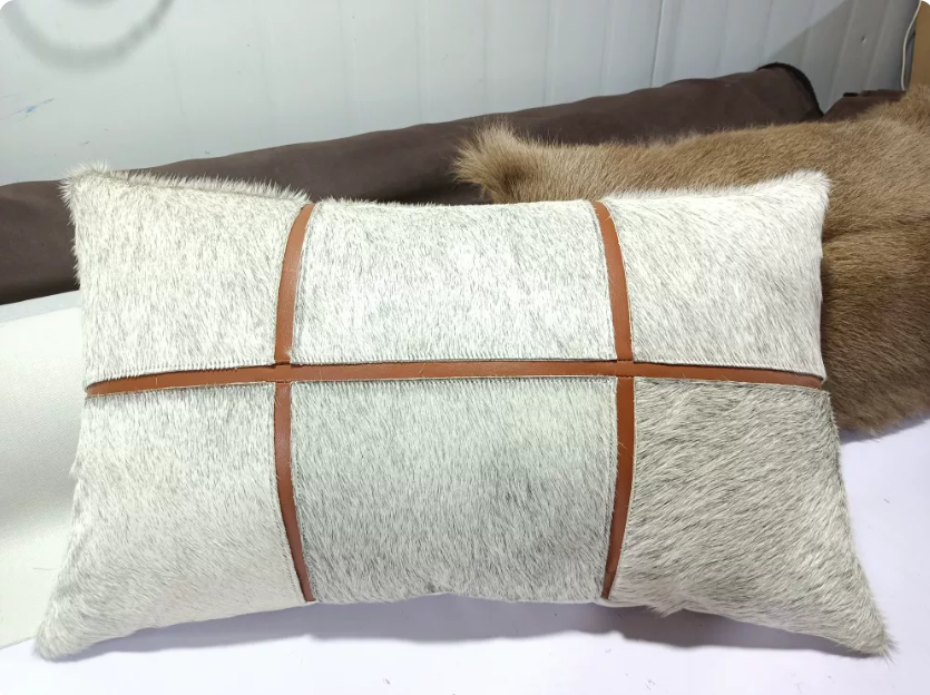 Light Grey Patchwork Hair-on Cowhide Lumbar Pillow, Luxury European Mid-Century Genuine Leather Rectangular Sofa Cushion, Custom Available