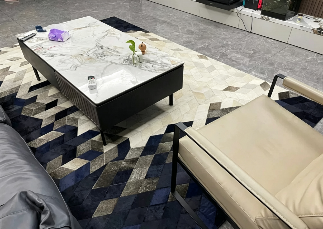 Blue Gradient Spliced Irregular Genuine Leather Coffee Table Mat for Living Room & Bedroom - Image 2