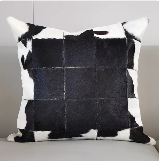 Clearance Sale Genuine Hair-on Cowhide Patchwork Throw Pillow, 3D Geometric Square Leather Cushion, European Style Decor Sofa Pillow - Image 2