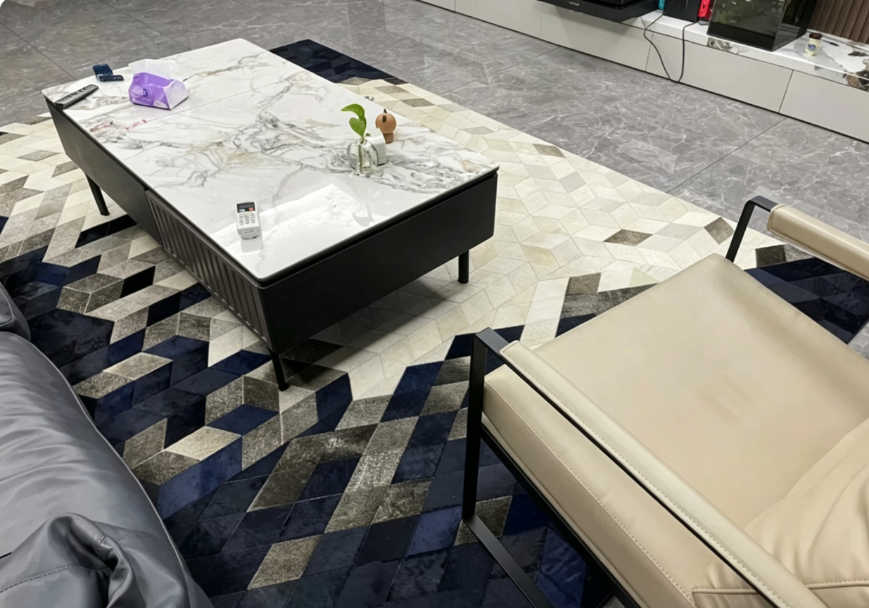 Blue Gradient Spliced Irregular Genuine Leather Coffee Table Mat for Living Room & Bedroom - Image 9