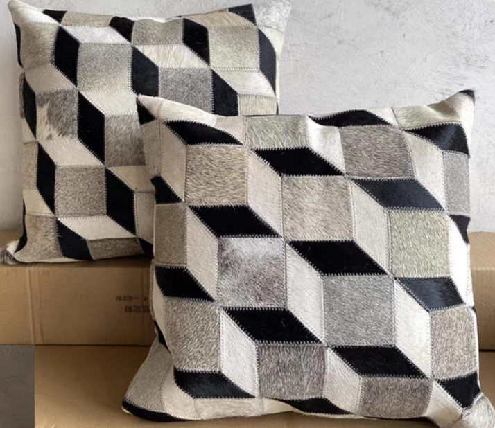 Clearance Sale Genuine Hair-on Cowhide Patchwork Throw Pillow, 3D Geometric Square Leather Cushion, European Style Decor Sofa Pillow - Image 6