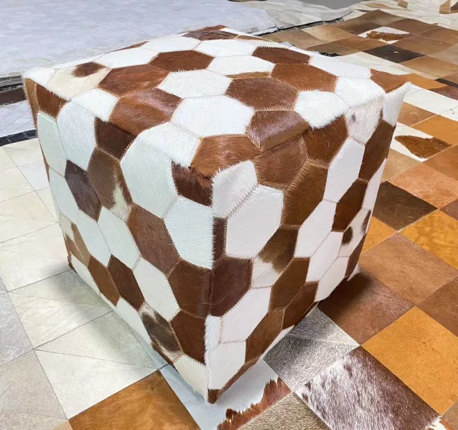 Vintage Cow Print Genuine Cowhide Square Ottoman, Brown White Patchwork Leather Footstool, Luxury Living Room Sofa Stool - Image 8