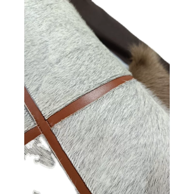 Light Grey Patchwork Hair-on Cowhide Lumbar Pillow, Luxury European Mid-Century Genuine Leather Rectangular Sofa Cushion, Custom Available - Image 8