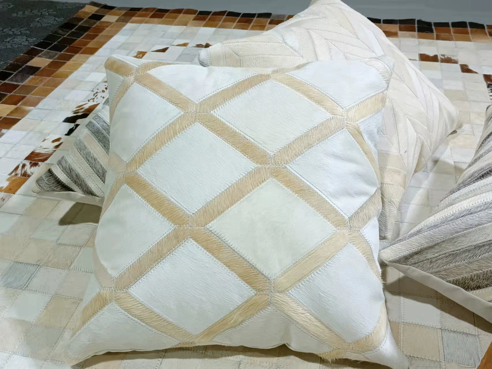 Genuine Cowhide Patchwork Throw Pillow, Special Price, Minimalist Modern Sofa Cushion, European Vintage Mid-Century, Ins Style - Image 3