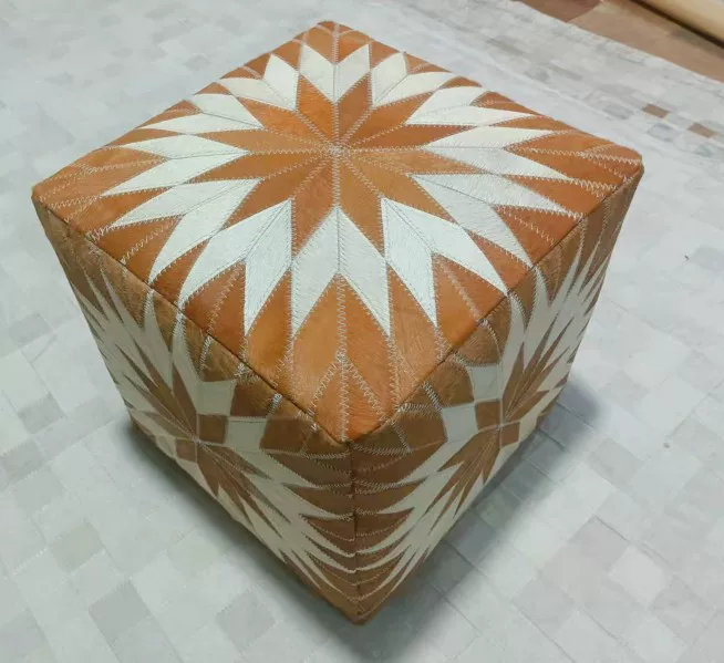 Vintage Cow Print Genuine Cowhide Square Ottoman, Brown White Patchwork Leather Footstool, Luxury Living Room Sofa Stool - Image 2