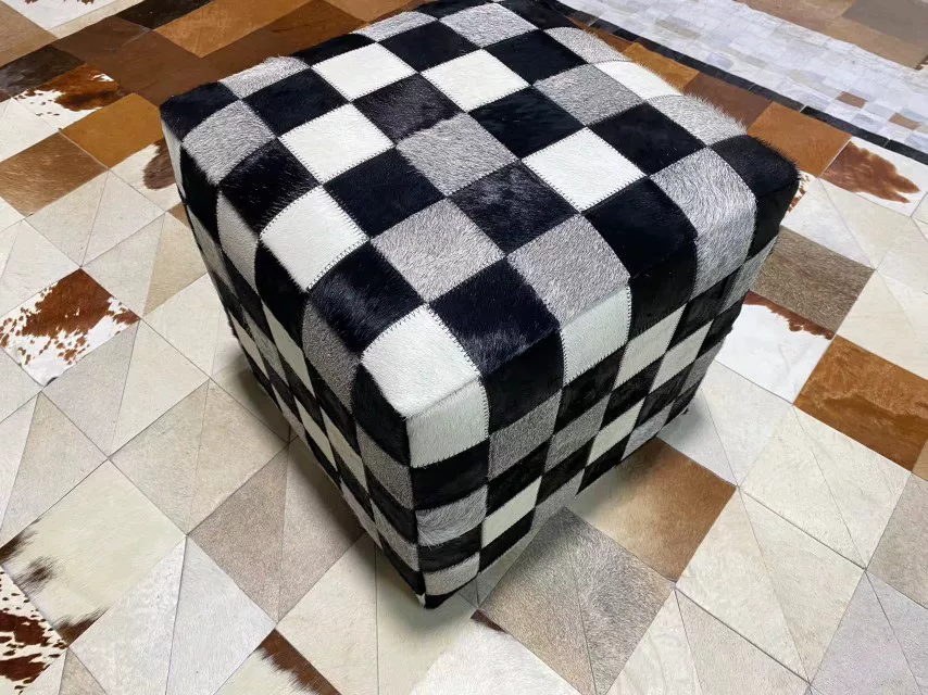 Vintage Cow Print Genuine Cowhide Square Ottoman, Brown White Patchwork Leather Footstool, Luxury Living Room Sofa Stool - Image 3