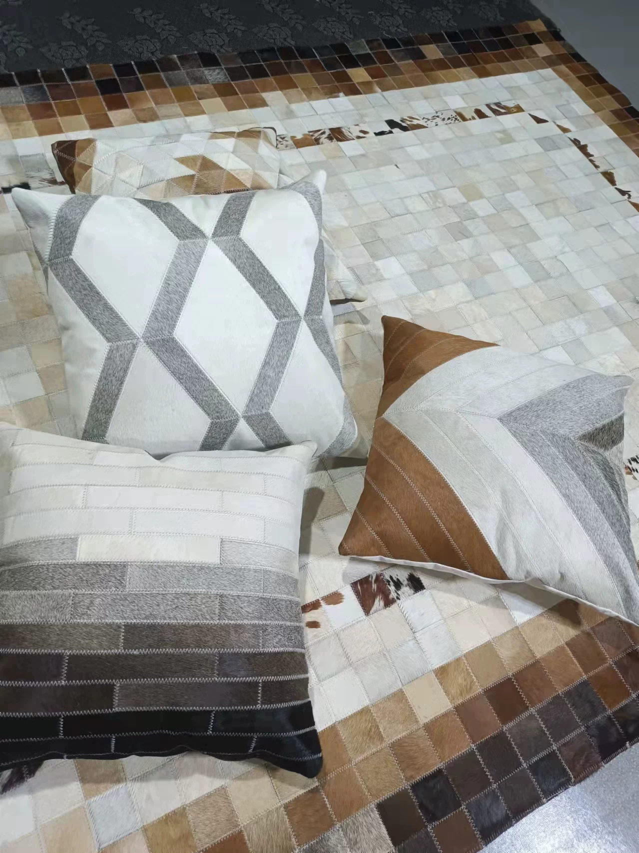 Genuine Cowhide Patchwork Throw Pillow, Special Price, Minimalist Modern Sofa Cushion, European Vintage Mid-Century, Ins Style - Image 4