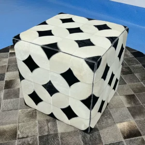 Vintage Cow Print Genuine Cowhide Square Ottoman, Brown White Patchwork Leather Footstool, Luxury Living Room Sofa Stool