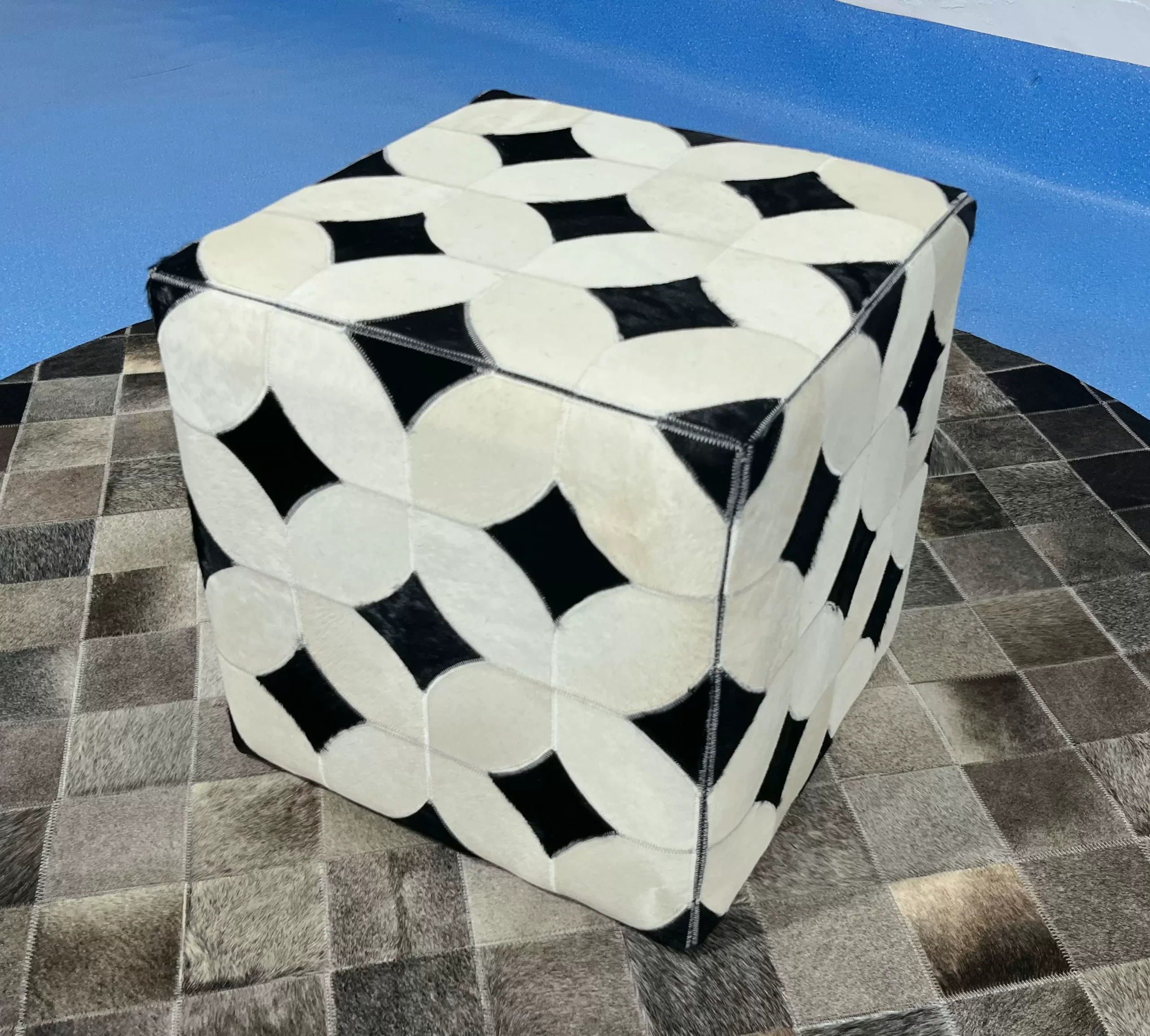 Vintage Cow Print Genuine Cowhide Square Ottoman, Brown White Patchwork Leather Footstool, Luxury Living Room Sofa Stool