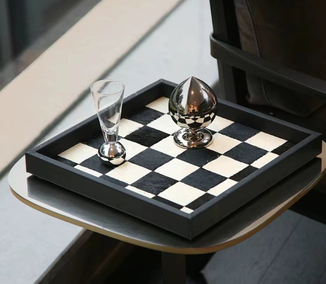 Horsehair Solid Wood Tray, Entryway Storage for Cosmetics & Aromatherapy, Black White Grey Checkerboard Rectangular Decor, Luxury Ornament - Image 11