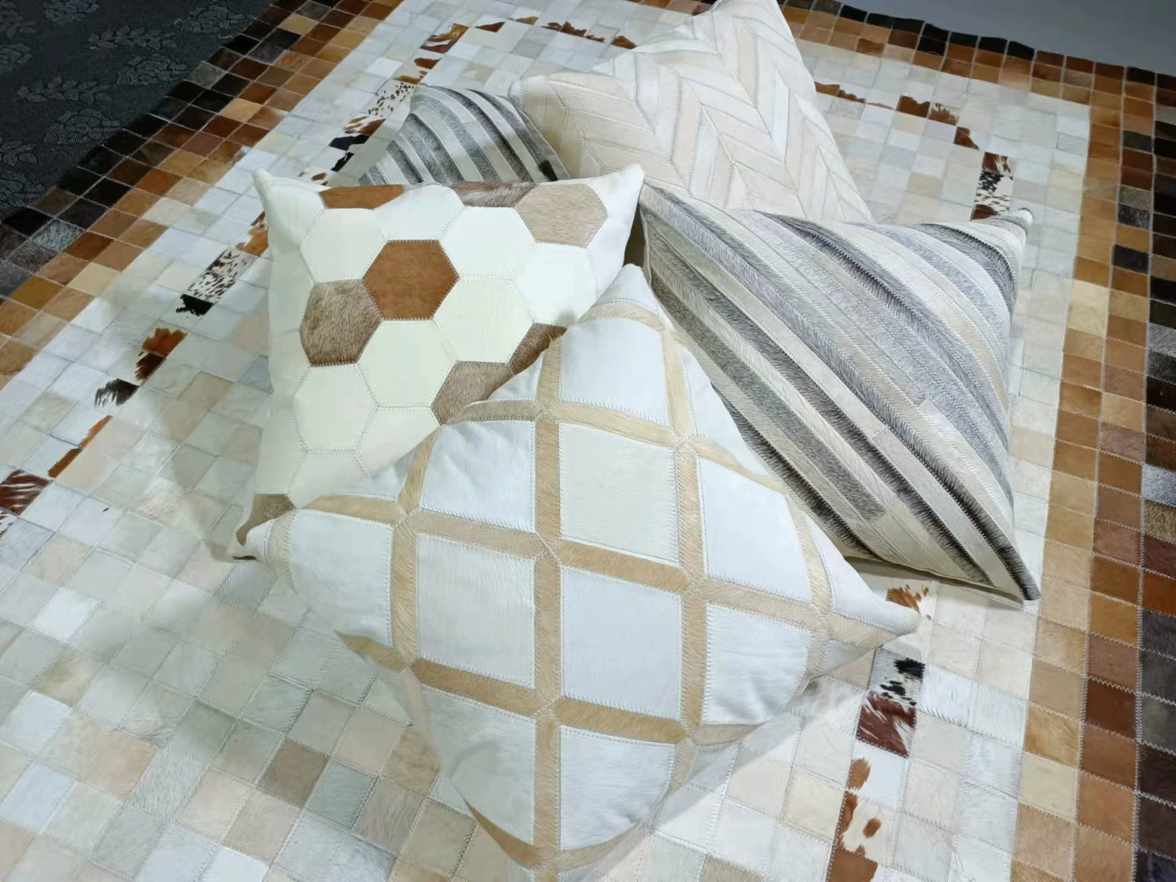 Genuine Cowhide Patchwork Throw Pillow, Special Price, Minimalist Modern Sofa Cushion, European Vintage Mid-Century, Ins Style - Image 5