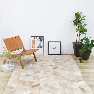 Handmade Geometric Patchwork Cowhide Rug, Natural Hair-on Hide Leather Area Rug, Modern Minimalist for Living Room Bedroom