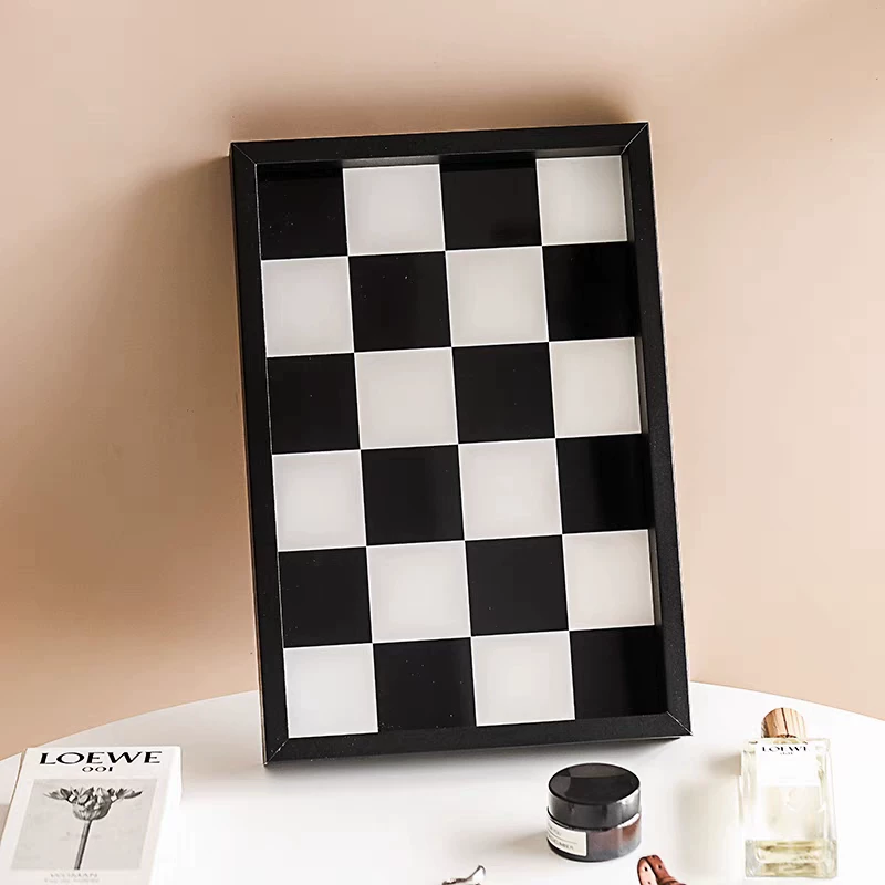 Horsehair Solid Wood Tray, Entryway Storage for Cosmetics & Aromatherapy, Black White Grey Checkerboard Rectangular Decor, Luxury Ornament - Image 10