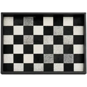 Horsehair Solid Wood Tray, Entryway Storage for Cosmetics & Aromatherapy, Black White Grey Checkerboard Rectangular Decor, Luxury Ornament