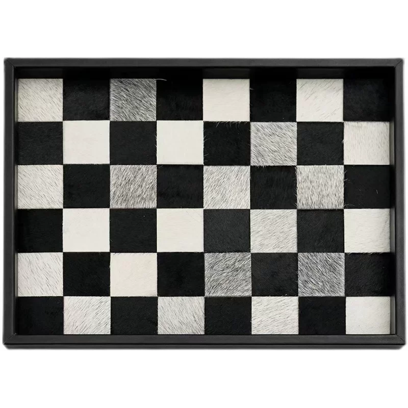 Horsehair Solid Wood Tray, Entryway Storage for Cosmetics & Aromatherapy, Black White Grey Checkerboard Rectangular Decor, Luxury Ornament