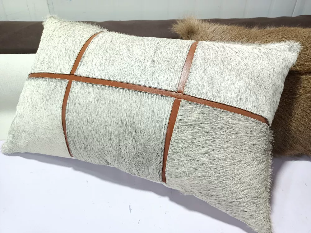 Light Grey Patchwork Hair-on Cowhide Lumbar Pillow, Luxury European Mid-Century Genuine Leather Rectangular Sofa Cushion, Custom Available - Image 5