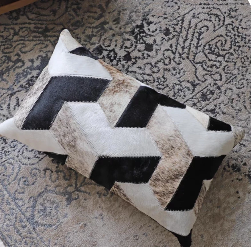Clearance Sale Genuine Hair-on Cowhide Patchwork Throw Pillow, 3D Geometric Square Leather Cushion, European Style Decor Sofa Pillow - Image 12
