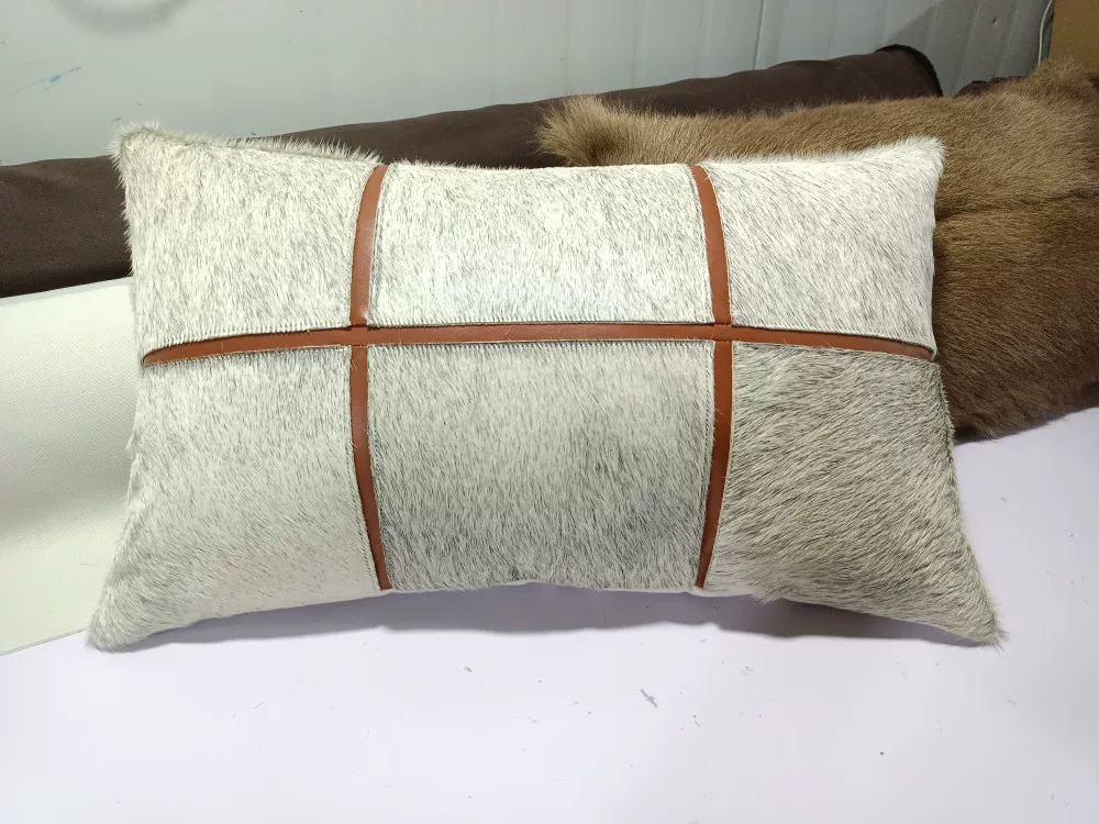 Light Grey Patchwork Hair-on Cowhide Lumbar Pillow, Luxury European Mid-Century Genuine Leather Rectangular Sofa Cushion, Custom Available - Image 2