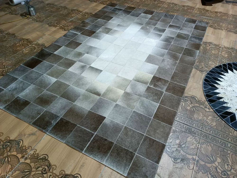 Grey Gradient Square Patchwork Genuine Cowhide Rug, Luxury Modern Ins Style Leather Carpet, Art Decor Floor Mat for Living Room Bedroom Showroom - Image 3