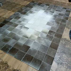 Grey Gradient Square Patchwork Genuine Cowhide Rug, Luxury Modern Ins Style Leather Carpet, Art Decor Floor Mat for Living Room Bedroom Showroom