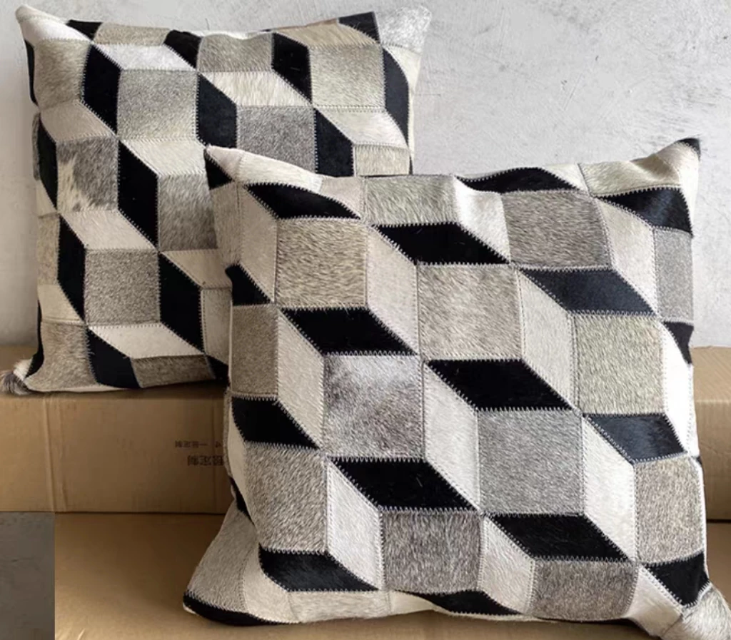 Clearance Sale Genuine Hair-on Cowhide Patchwork Throw Pillow, 3D Geometric Square Leather Cushion, European Style Decor Sofa Pillow - Image 11