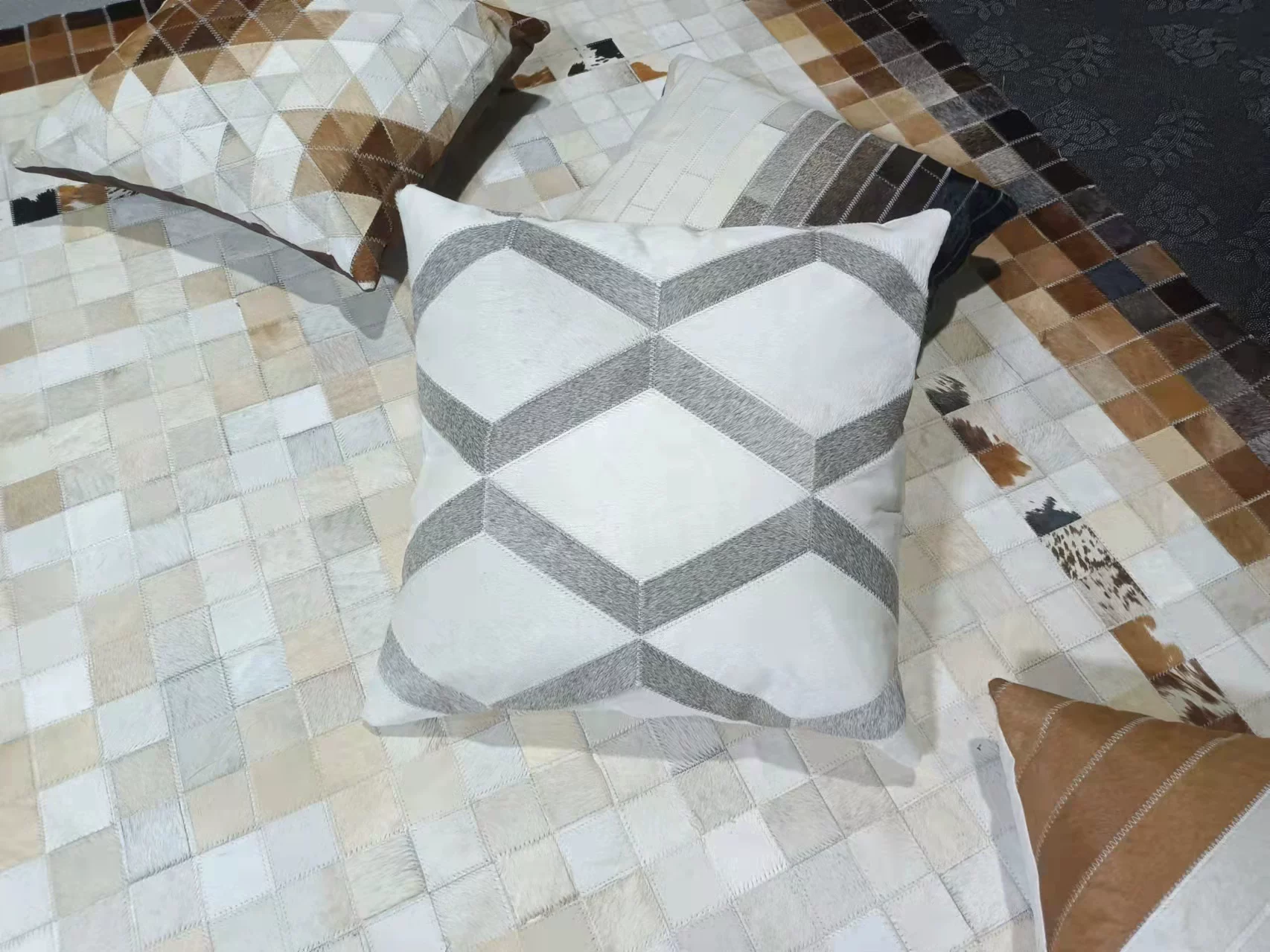 Genuine Cowhide Patchwork Throw Pillow, Special Price, Minimalist Modern Sofa Cushion, European Vintage Mid-Century, Ins Style - Image 7