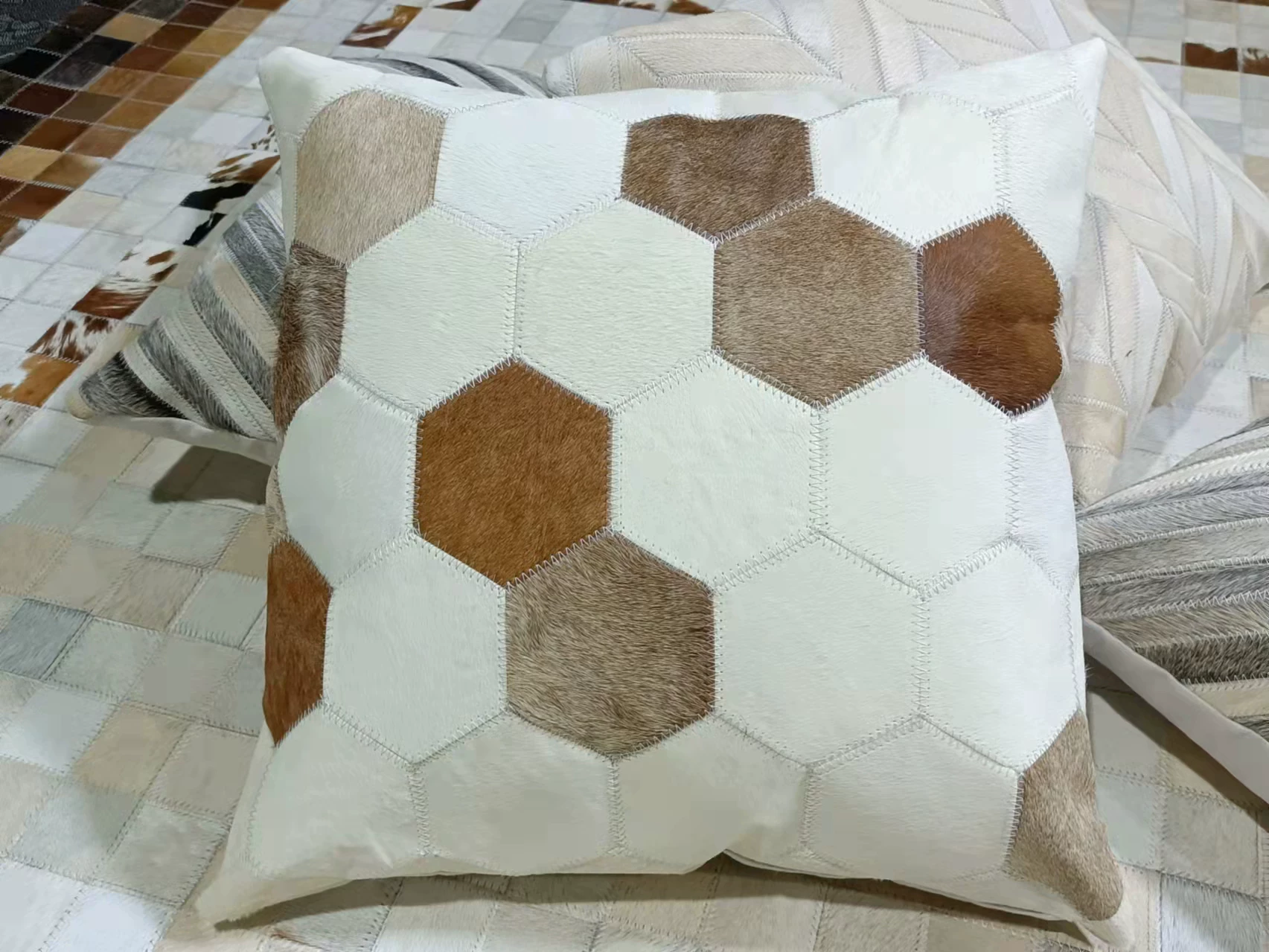 Genuine Cowhide Patchwork Throw Pillow, Special Price, Minimalist Modern Sofa Cushion, European Vintage Mid-Century, Ins Style - Image 8