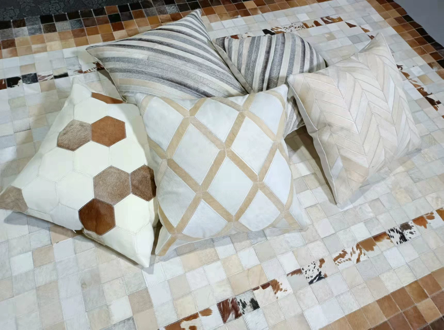 Genuine Cowhide Patchwork Throw Pillow, Special Price, Minimalist Modern Sofa Cushion, European Vintage Mid-Century, Ins Style - Image 9