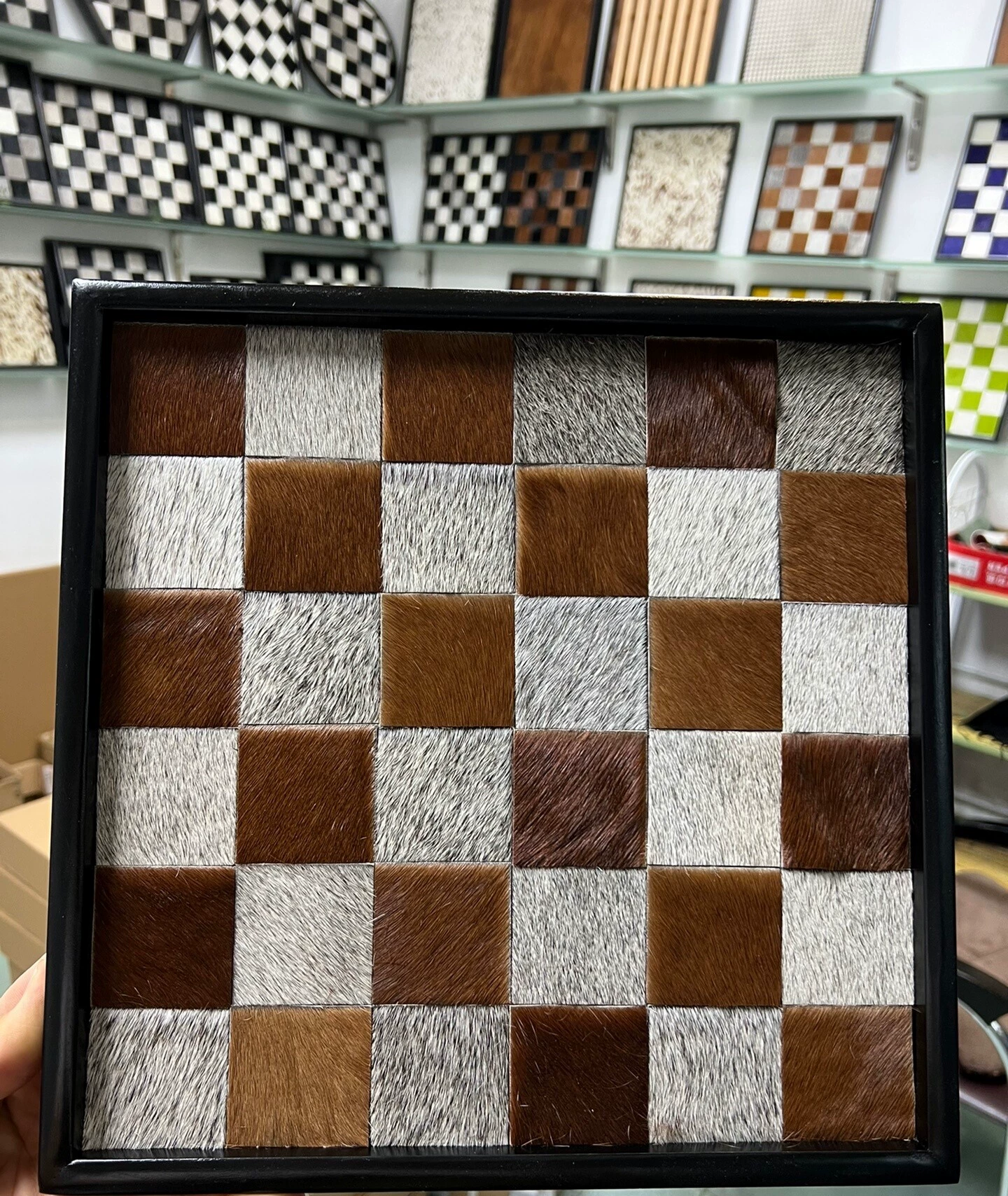 Horsehair Solid Wood Tray, Entryway Storage for Cosmetics & Aromatherapy, Black White Grey Checkerboard Rectangular Decor, Luxury Ornament - Image 6