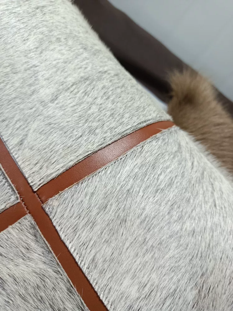 Light Grey Patchwork Hair-on Cowhide Lumbar Pillow, Luxury European Mid-Century Genuine Leather Rectangular Sofa Cushion, Custom Available - Image 7