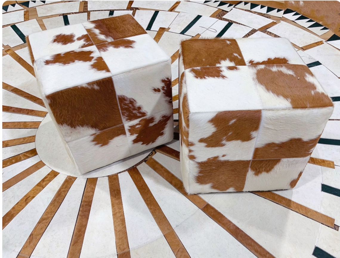 Vintage Cow Print Genuine Cowhide Square Ottoman, Brown White Patchwork Leather Footstool, Luxury Living Room Sofa Stool - Image 15