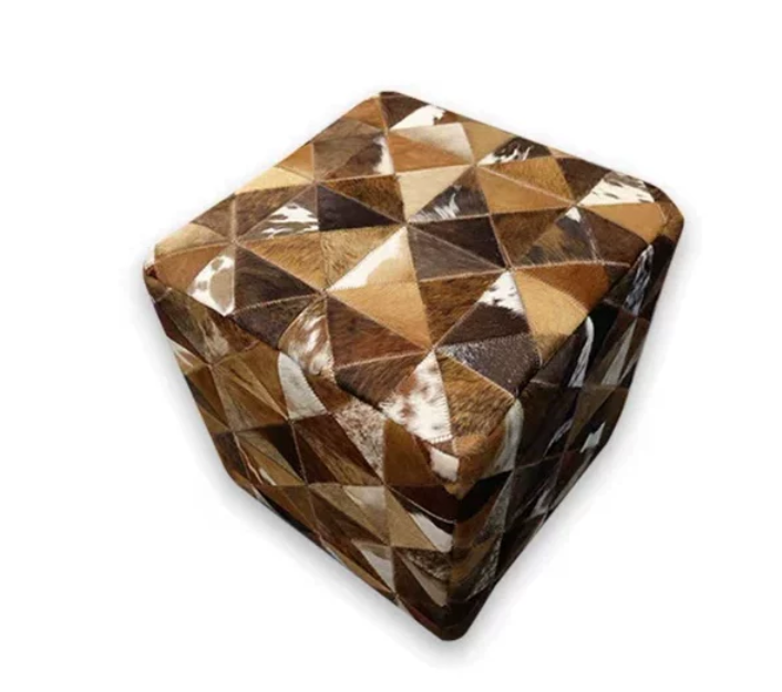 Vintage Cow Print Genuine Cowhide Square Ottoman, Brown White Patchwork Leather Footstool, Luxury Living Room Sofa Stool - Image 10