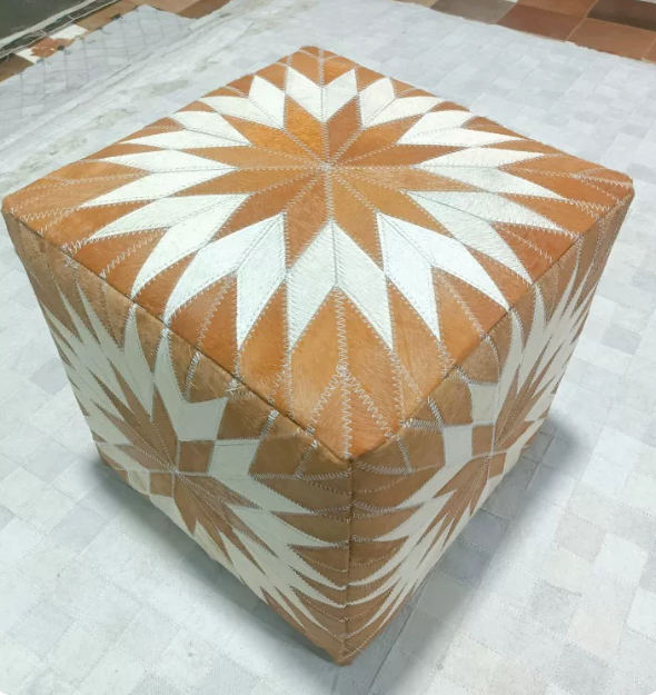 Vintage Cow Print Genuine Cowhide Square Ottoman, Brown White Patchwork Leather Footstool, Luxury Living Room Sofa Stool - Image 20