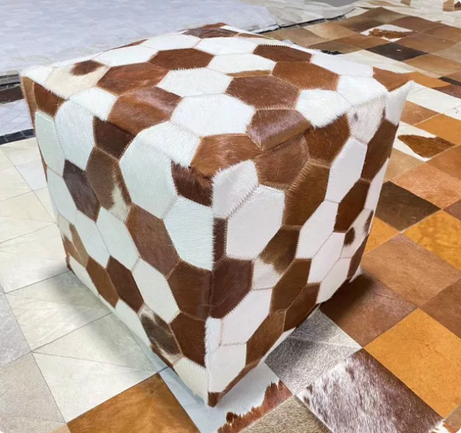 Vintage Cow Print Genuine Cowhide Square Ottoman, Brown White Patchwork Leather Footstool, Luxury Living Room Sofa Stool - Image 21