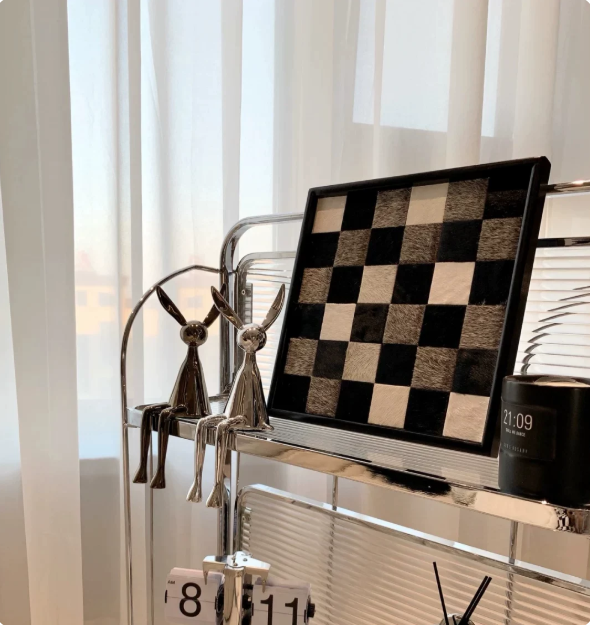 Horsehair Solid Wood Tray, Entryway Storage for Cosmetics & Aromatherapy, Black White Grey Checkerboard Rectangular Decor, Luxury Ornament - Image 15