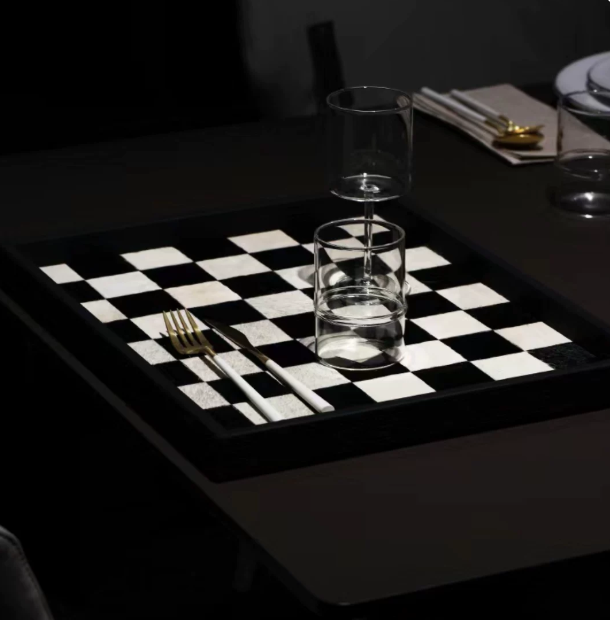 Horsehair Solid Wood Tray, Entryway Storage for Cosmetics & Aromatherapy, Black White Grey Checkerboard Rectangular Decor, Luxury Ornament - Image 5