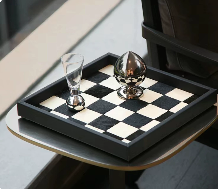 Horsehair Solid Wood Tray, Entryway Storage for Cosmetics & Aromatherapy, Black White Grey Checkerboard Rectangular Decor, Luxury Ornament - Image 4