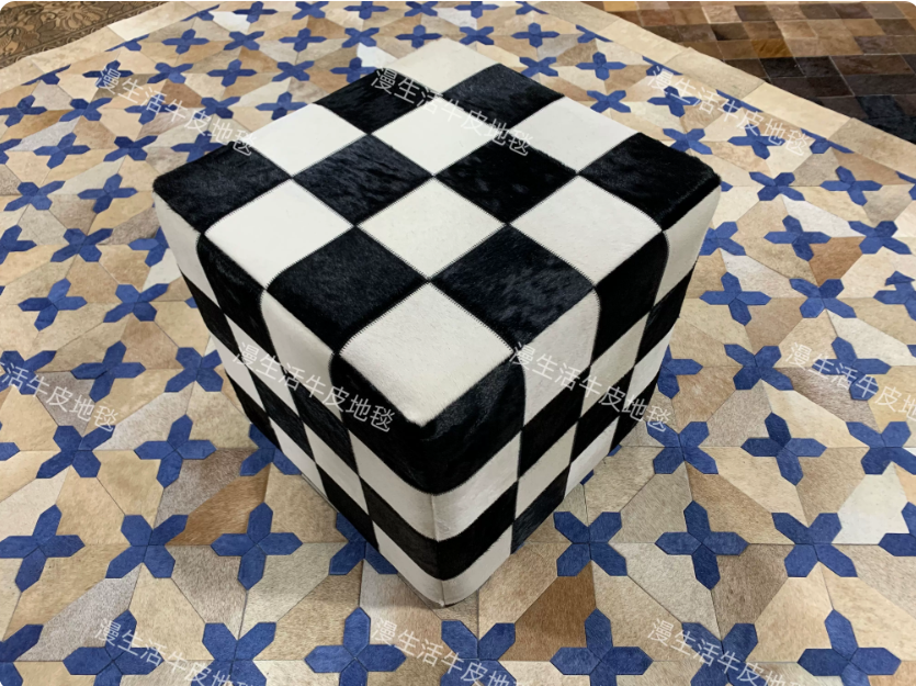 Vintage Cow Print Genuine Cowhide Square Ottoman, Brown White Patchwork Leather Footstool, Luxury Living Room Sofa Stool - Image 12