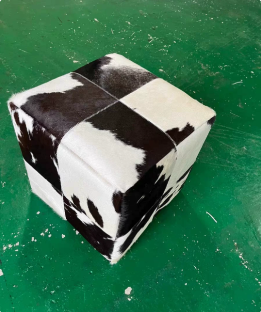 Vintage Cow Print Genuine Cowhide Square Ottoman, Brown White Patchwork Leather Footstool, Luxury Living Room Sofa Stool - Image 14