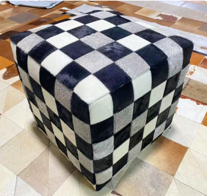 Vintage Cow Print Genuine Cowhide Square Ottoman, Brown White Patchwork Leather Footstool, Luxury Living Room Sofa Stool - Image 11
