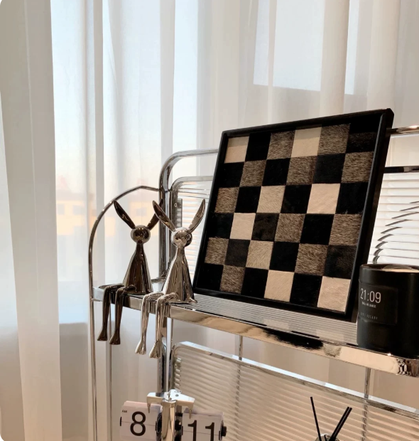 Horsehair Solid Wood Tray, Entryway Storage for Cosmetics & Aromatherapy, Black White Grey Checkerboard Rectangular Decor, Luxury Ornament - Image 2